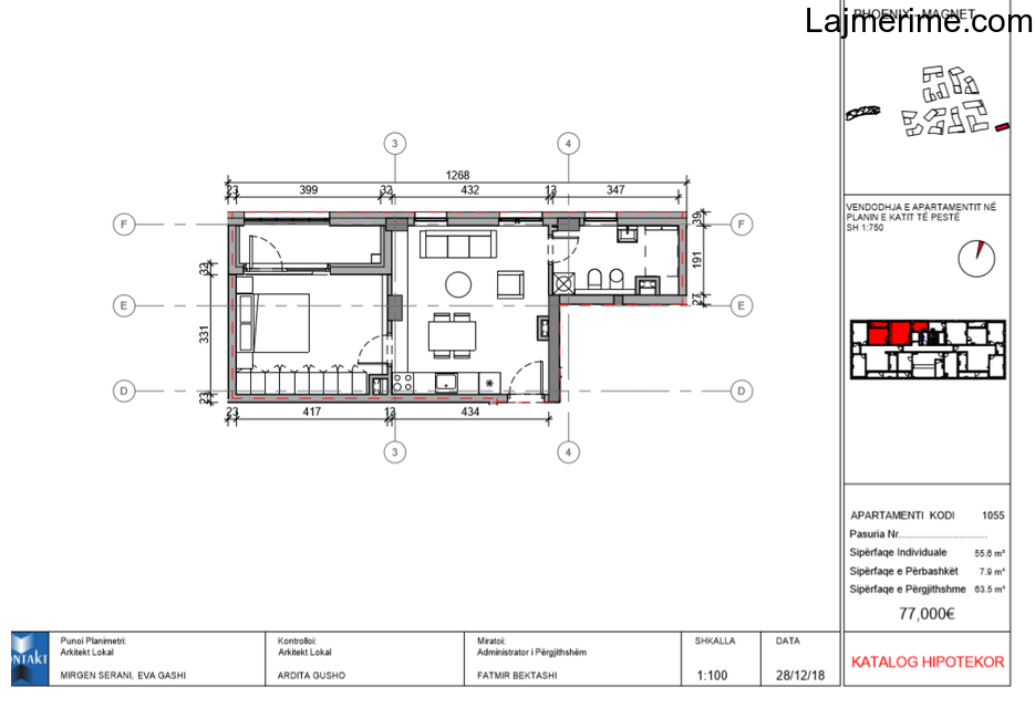 Tirane, shes apartament, 1+1+BLK Kati 5, 64 m² 77.000 Euro (afer 21 Dhjetorit) - 1